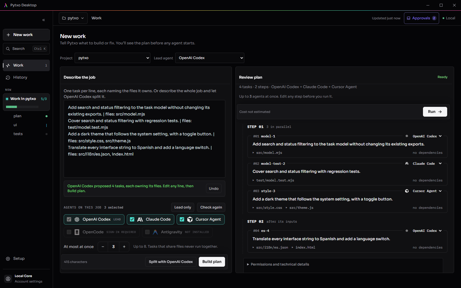 Pytxo New work screen with a request on the left and the reviewed plan on the right: three steps, each with its task and assigned agent