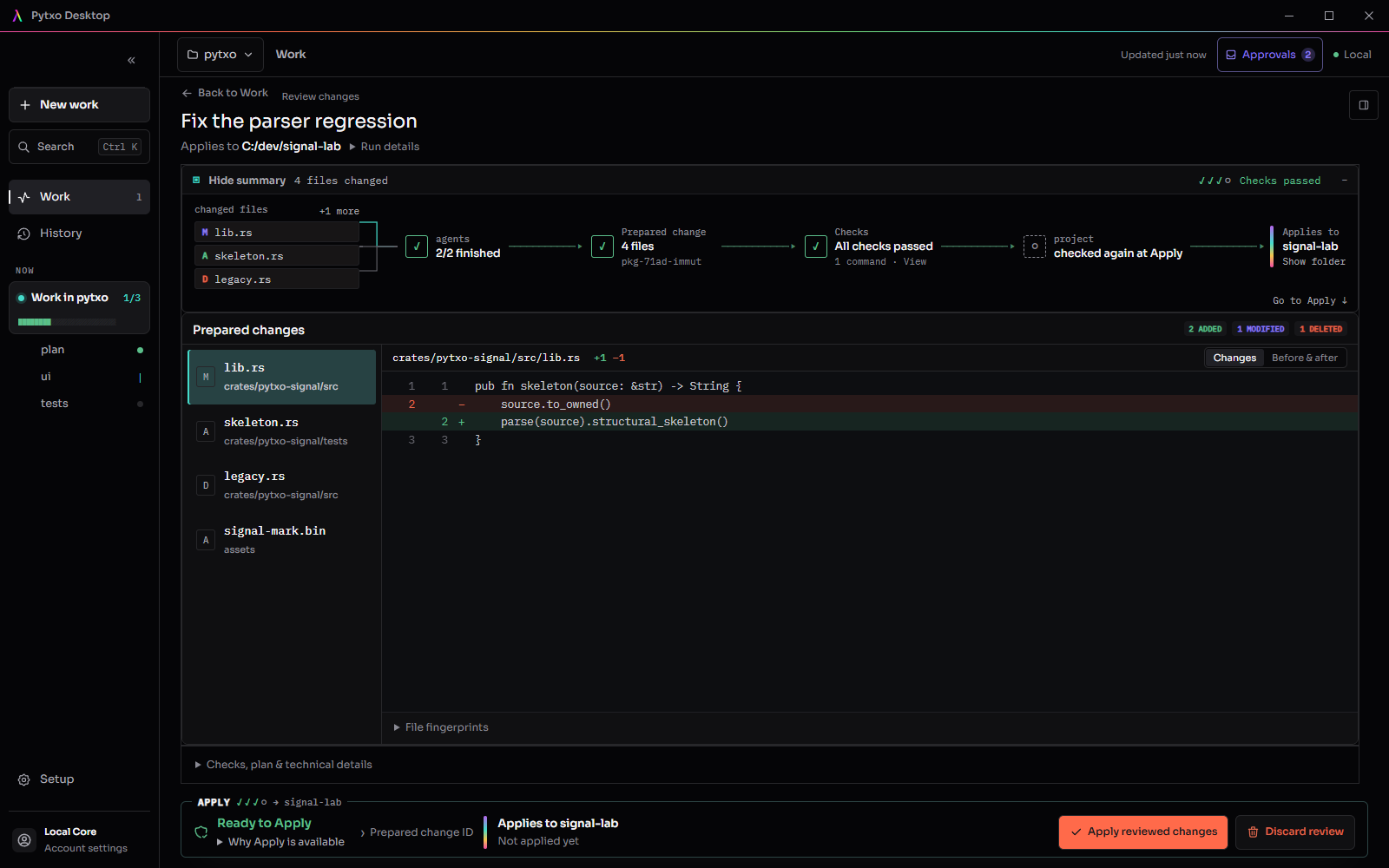 Pytxo Review screen showing changed files, a line-by-line diff, checks passed, and the Apply reviewed changes action